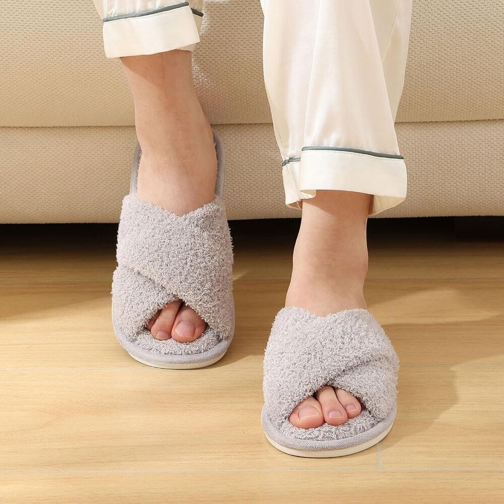 Women's Gray Fuzzy Cross Band Memory Foam Open-Toe House Slippers - Picture 2 of 6